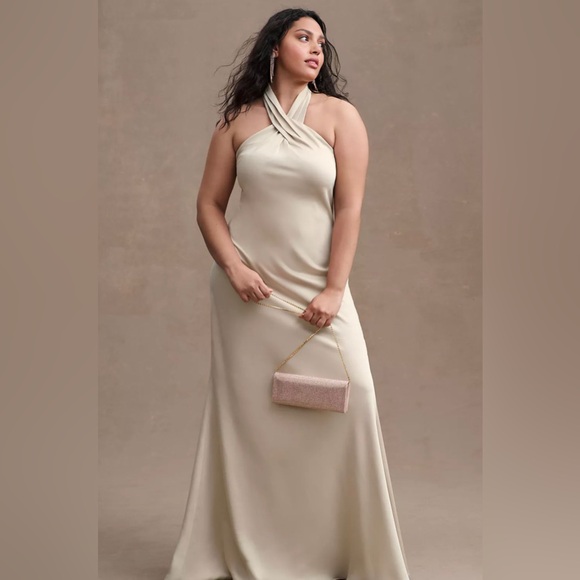 BHLDN Dresses & Skirts - BHLDN Ruby Twist Halter Satin Gown champagne 16 NWT Anthropologie wedding dress